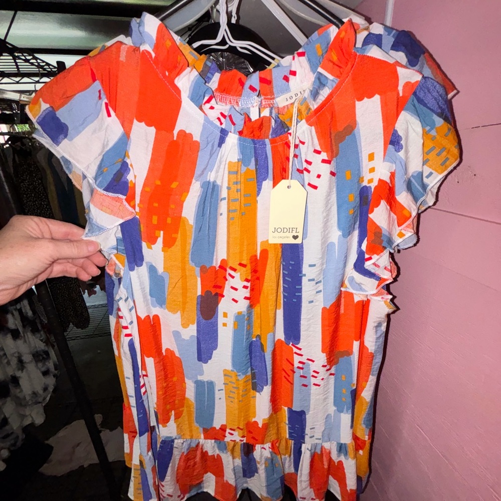 Jodifl Colorful Abstract Print Ruffle Sleeve Top orange/blue/white NWT💙
